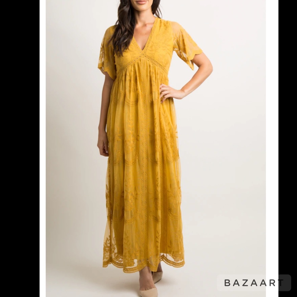 PinkBlush Mustard Lace Mesh Overlay Maternity Maxi Dress